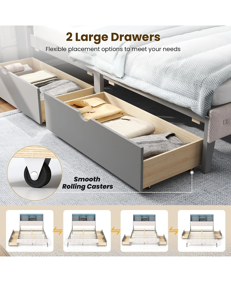 Sugift Full Size Bed Frame with Bookcase Headboard and Led Lights