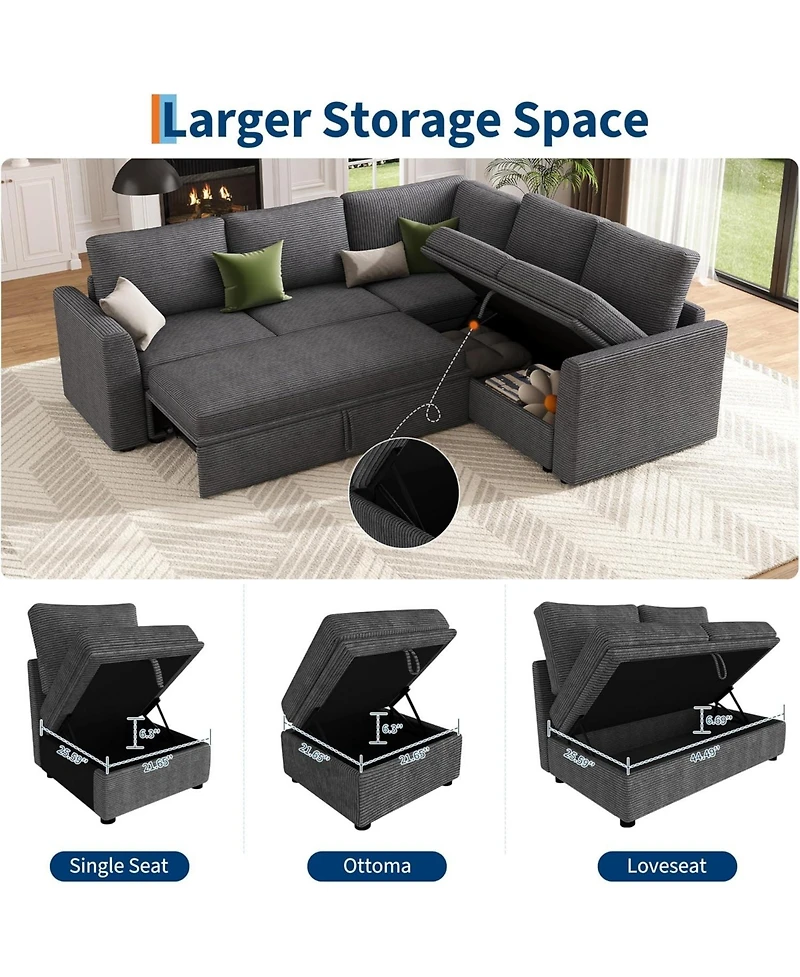 gaomon Sectional Sleeper Sofa, Corduroy Couch with Pull-Out Bed and Storage