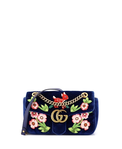 Pre-Owned Gucci Small Gg Marmont Flap Bag Embroidered Matelasse Velvet