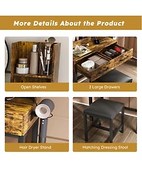 Rainsken Makeup Vanity Desk with Mirror and Led Lights, Dressing Table Set with Chair, Open Shelves, 2 Storage Drawer and Power Outlet for Bedroom