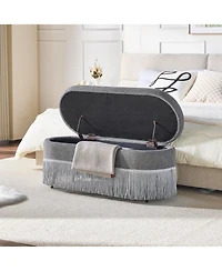 Rainsken Oval Storage Ottoman, Upholstered Footrest with Fringe Trim, Hidden Storage and Metal Frame for Living Room, Bedroom