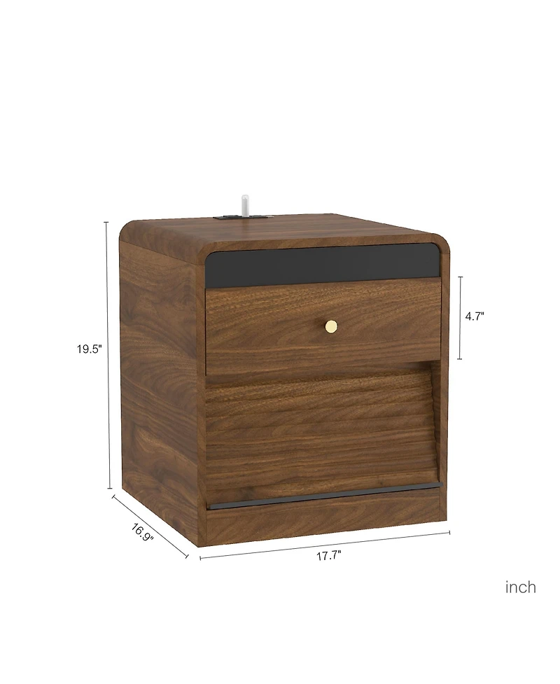 Rainsken Smart Nightstand with Charging Station and Led Light, Modern Bedside Table with Storage Drawers for Bedroom