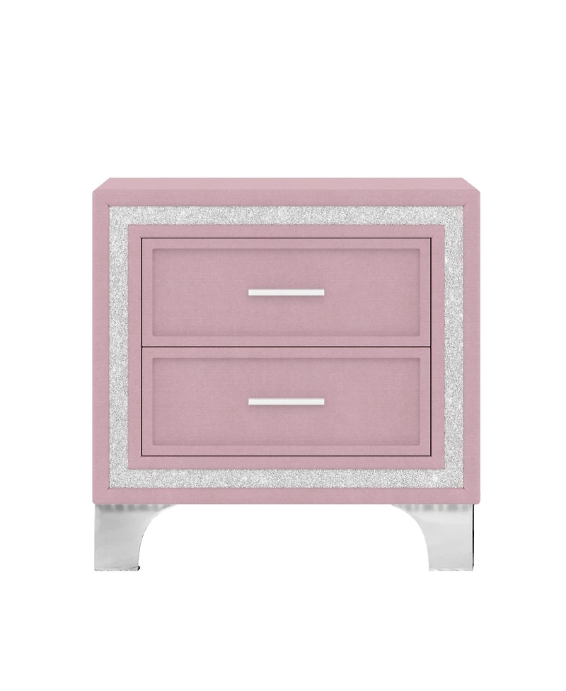 Rainsken 2 Drawers Nightstand with Silver Glitter Strip Decor and Metal Legs, Velvet Bedside Table End Table for Bedroom, Living Room