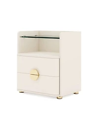 Rainsken 2-Drawer Nightstand, Modern Wood Bedside Table with Open Tempered Glasses Storage Space, End Table for Living Room and Bedroom