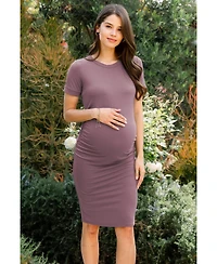 Hello Miz Maternity Casual Short Sleeve Crewneck Side Ruched T-Shirt Dress