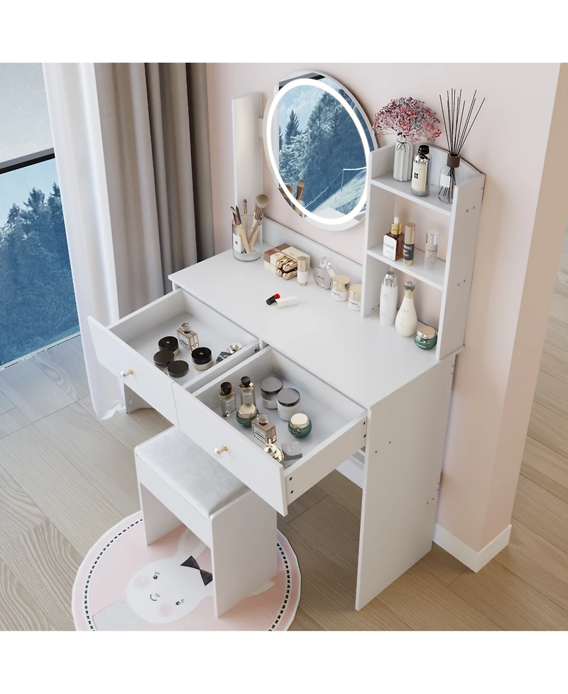 Rainsken 17" Round Led Mirror Vanity Desk Cushion Stool Suit, Dressing Table with 2 Drawers, 3 Open Shelves for Bedroom
