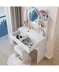 Rainsken 17" Round Led Mirror Vanity Desk Cushion Stool Suit, Dressing Table with 2 Drawers, 3 Open Shelves for Bedroom