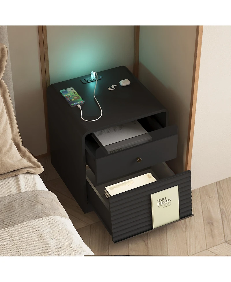Rainsken Nightstand with Charging Station, Smart Nightstand with Led Light, Bedside Tables with Storage Cabinet for Bedroom