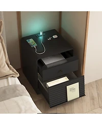 Rainsken Nightstand with Charging Station, Smart Nightstand with Led Light, Bedside Tables with Storage Cabinet for Bedroom