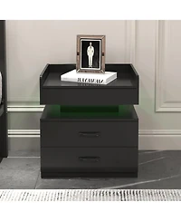 Rainsken Nightstand with Adjustable Led Strip Light, Wood Bedside Table with 2 Drawers and Open Compartment, End Table for Bedroom