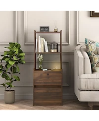 Rainsken Nightstand with Charging Station and Night Light, Lockable Bedside Cabinet Table with 2 Storage Drawers and Bookshelf for Bedroom