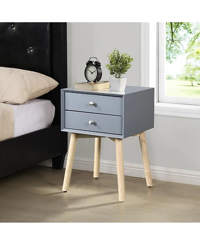Rainsken 1 Pc Rubber Wood & Mdf Mid Century Modern Nightstand with 2 Drawers Storage Bedside Table