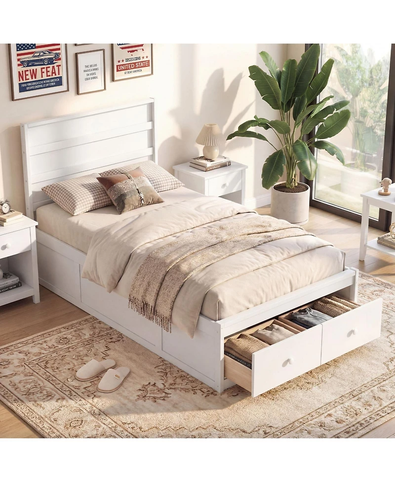 Gymax Twin Bed Frame w/Storage Drawers Headboard Wooden SlatandEnclosed Base