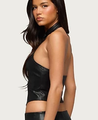 Edikted Women's Diana Zip Up Faux Leather Halter Top
