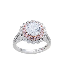 Suzy Levian New York Sterling Silver Cubic Zirconia Unique Double Halo Flower Proposal Ring
