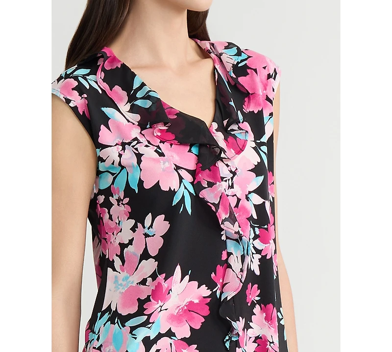Kasper Women's Printed Ruffle-Trim V-Neck Top