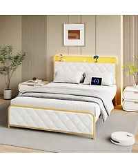 gaomon Platform Bed Frame with Led Light & Charging Station, Storage Headboard, Upholstered, Metal Slats, Noise Free, Easy Assembly