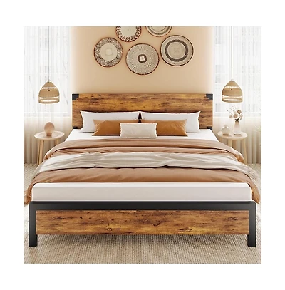 gaomon Platform Bed Frame with Wood Headboard, Rustic Metal, Noise Free, Underbed Storage, No Box Spring, Easy Assembly