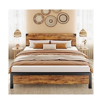 gaomon Platform Bed Frame with Wood Headboard, Rustic Metal, Noise Free, Underbed Storage, No Box Spring, Easy Assembly