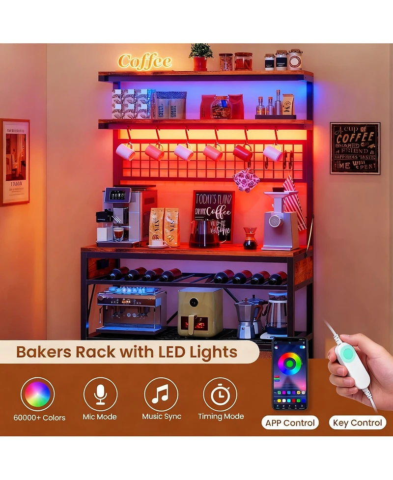 Yigii Large shelve with Storage Drawers Microwave Stand Power Outlet Led Lights