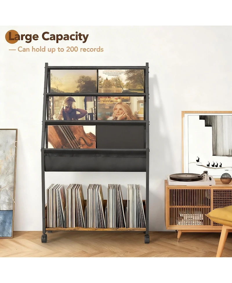 Yigii 3-Tier Display Shelf Holds 200 LPs Movable Organizer Rack Cabinet