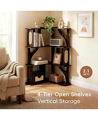 Yigii Rubber Wood Corner Shelf 4-Tier Bookshelf with Drawer Rattan Display Stand