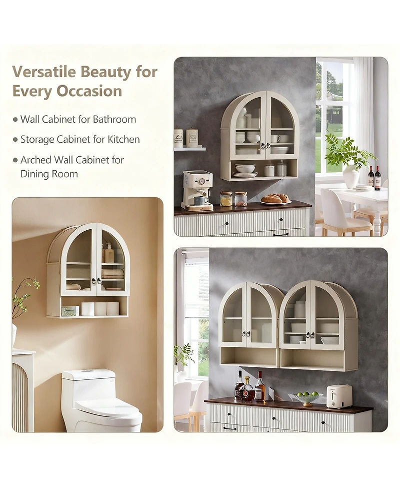 Yigii Arched Wall Cabinet Wide Adjustable Shelves Glass Doors Over Toilet Storage