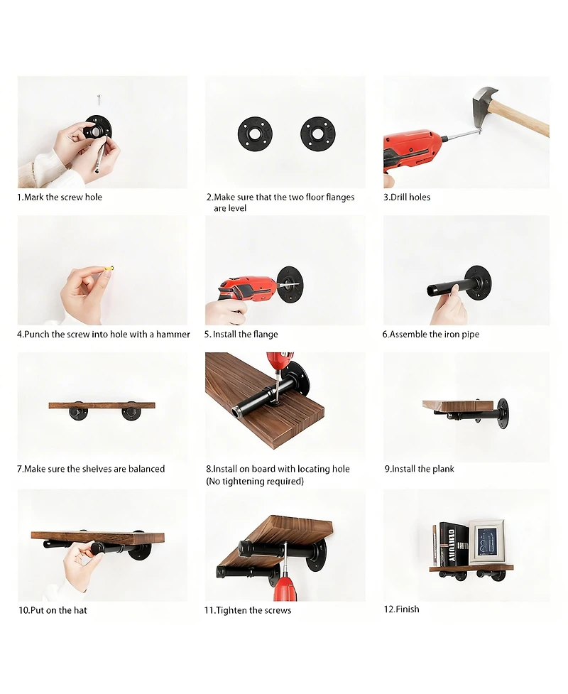 Yigii Wall Mounted Floating Shelves Industrial Pipe Brackets Rustic Wood