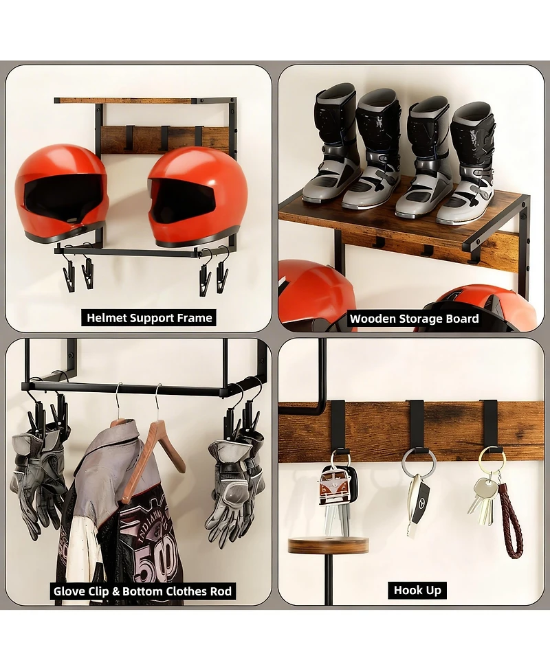 Yigii Helmet Wall Mount shelf Hat Stand Display Gear Storage Organizer Metal Wood