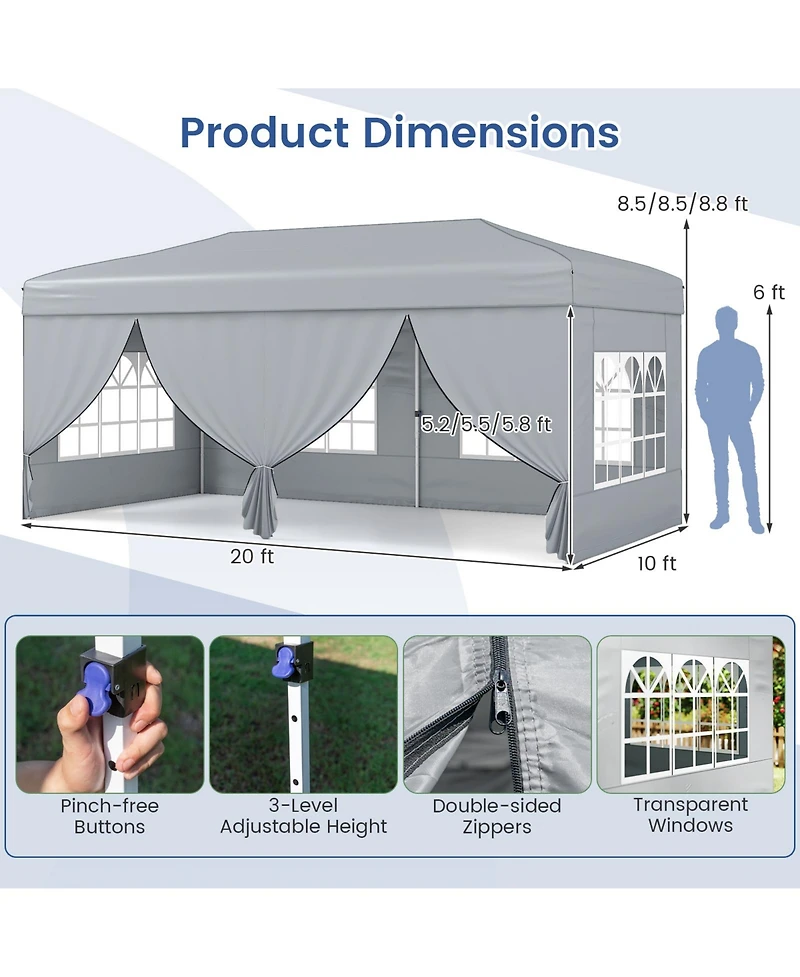 Gymax 10 X 20 Ft Pop up Canopy Tent w/ 6 Sidewalls Wheeled Bag Sandbags Stakes