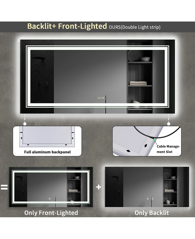 Luvodi 39.37x23.62 inch Square Led Bathroom Mirror Illuminated Dimmable 3 Colors Smart Touch