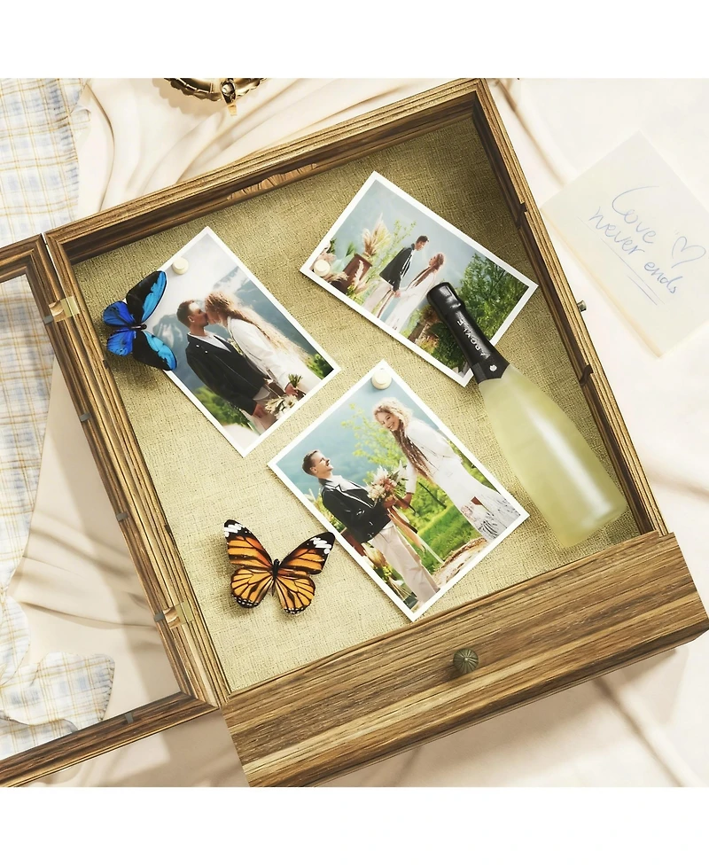 Yigii Wood Shadow Box with Shelves Drawer Display Case