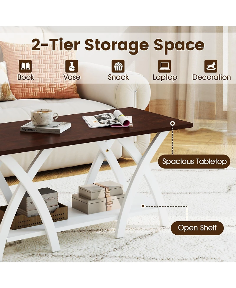 Sugift 40 Inch Farmhouse Wooden 2-Tier Coffee Table with Storage Shelf for Living Room