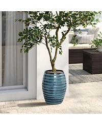LuxenHome 17.7" Tall Ceramic Planter Pot for Indoor Outdoor Plants with Ribbed Texture, Large Garden Plant Pots with Drainage Hole, Blue