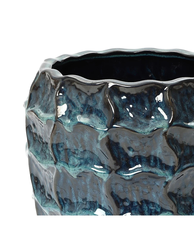 LuxenHome 14" Tall Ceramic Planter Pot for Indoor Outdoor Plants with Geometric Texture, Large Garden Plant Pots with Drainage Hole, Blue