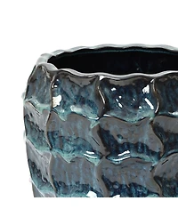 LuxenHome 14" Tall Ceramic Planter Pot for Indoor Outdoor Plants with Geometric Texture, Large Garden Plant Pots with Drainage Hole, Blue