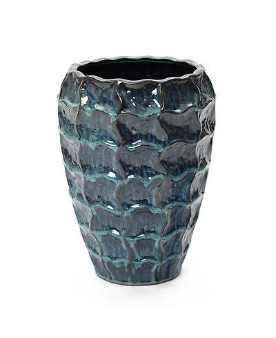 LuxenHome 14" Tall Ceramic Planter Pot for Indoor Outdoor Plants with Geometric Texture, Large Garden Plant Pots with Drainage Hole, Blue