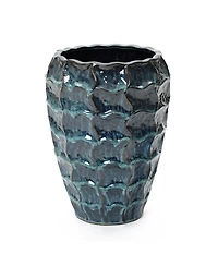 LuxenHome 14" Tall Ceramic Planter Pot for Indoor Outdoor Plants with Geometric Texture, Large Garden Plant Pots with Drainage Hole, Blue