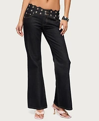 Edikted Women's Scalloped Grommet Low Rise Bootcut Jeans