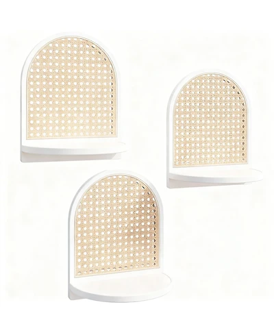 Yigii Rattan Wall Shelf Set of 3 7" Wicker Decor Boho Floating Shelves Plant Display