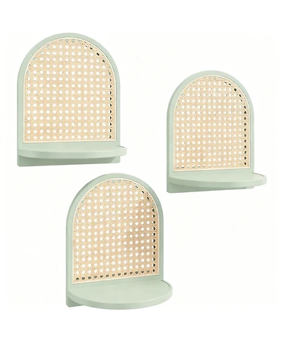 Yigii Rattan Wall Shelf Set of 3 7" Wicker Decor Boho Floating Shelves Plant Display