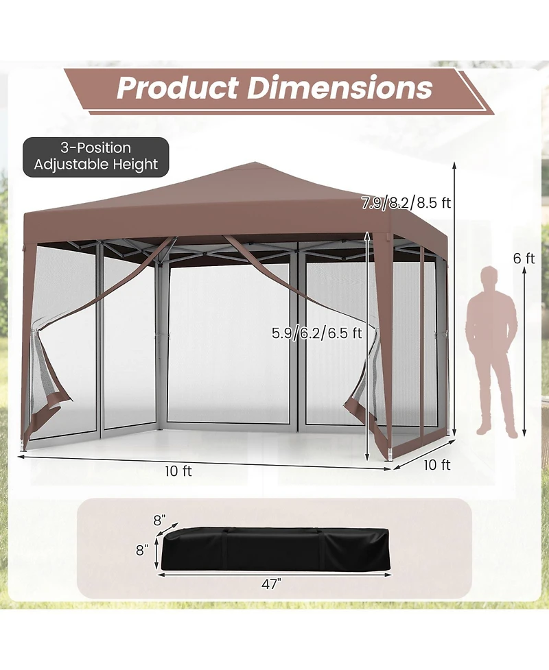 Gymax 10 Ft x Pop-Up Canopy Tent w/ Mesh Netting Carry Bag 8 Stakes and 4 Ropes Outdoor