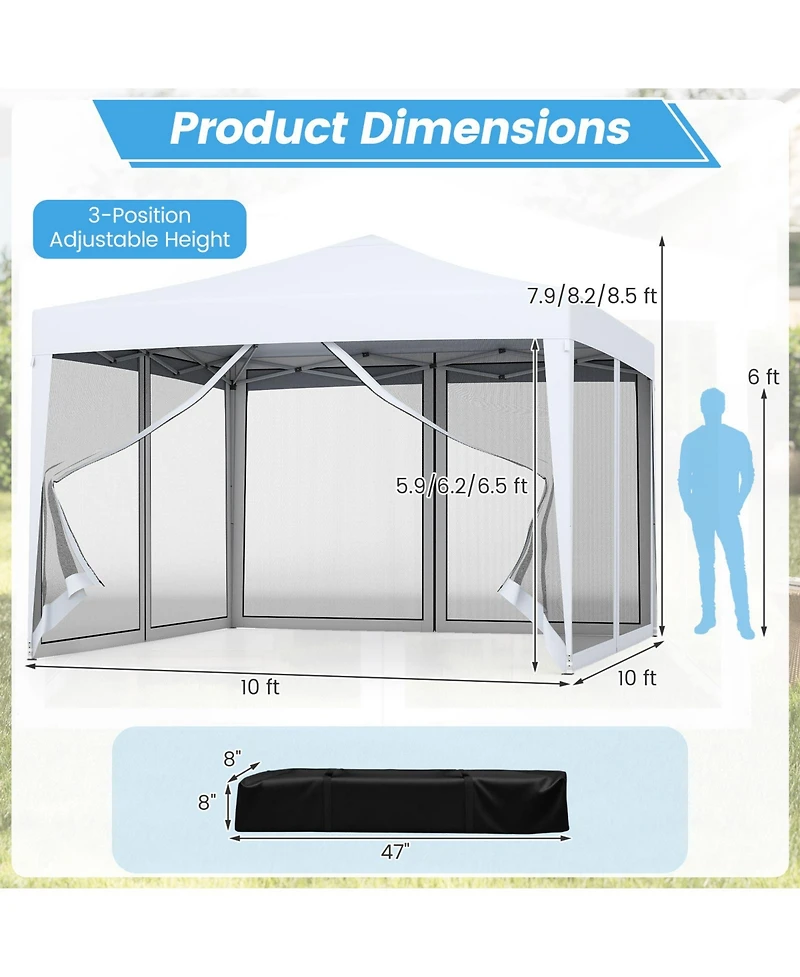 Gymax 10 Ft x 10 Ft Pop-Up Canopy Tent w/ Mesh Netting Carry Bag 8 Stakes and 4 Ropes Outdoor
