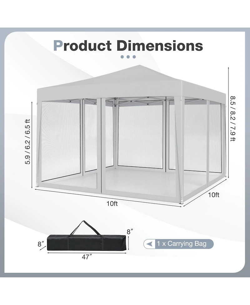 Gymax 10 Ft x 10 Ft Pop-Up Canopy Tent w/ Mesh Netting Carry Bag 8 Stakes and 4 Ropes