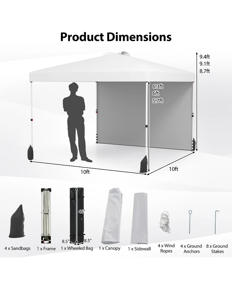 Gymax 10 X 10 Ft Pop up Canopy Tent w/ 1 Sidewall Wheeled Bag 8 Stakes