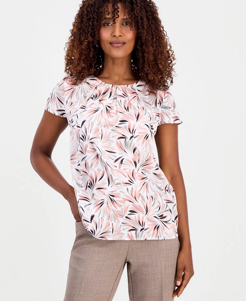 Kasper Women's Printed Pleated-Neck Cap-Sleeve Top