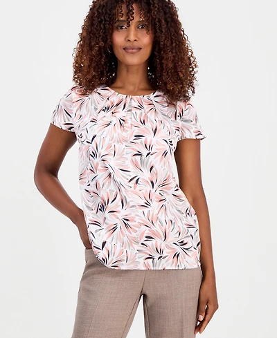 Kasper Women's Printed Pleated-Neck Cap-Sleeve Top