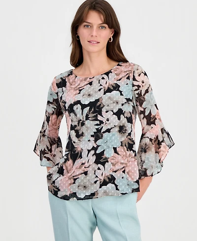 Kasper Women's Floral Clip-Dot 3/4-Sleeve Top