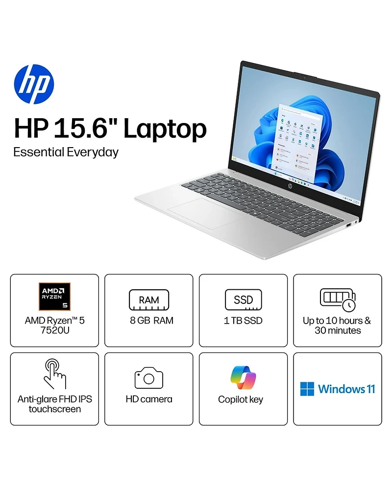 Hp Essential X 15.6" Traditional Laptop Amd Ryzen 5 8GB Ram Amd Radeon Graphics 128GB Ssd Storage Windows 11 Home 60Hz - Silver