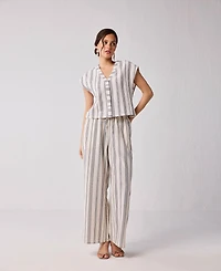 Reistor Women's Striped Matching Set with Wide-Leg Pants and V-neck Top
